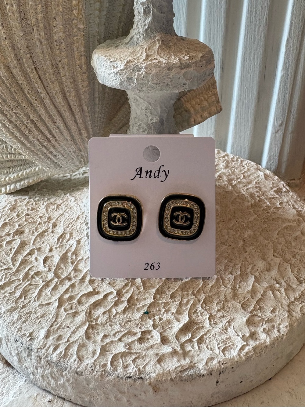 Fashion Square Logo Stud Earrings - Black and Gold
